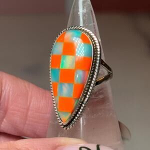 Orange Checkered Aurora Opal Sterling Silver Ring: Size 6